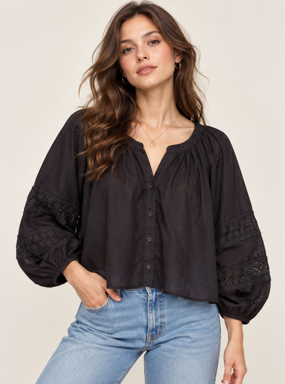 Aerie Long Sleeve Crochet Y-Neck Button-Down Shirt Sz XS Lace Trim Boho Peasant